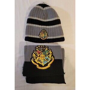 Harry Potter Hogwarts Crest Knit Black Gray Scarf and Beanie Lot
